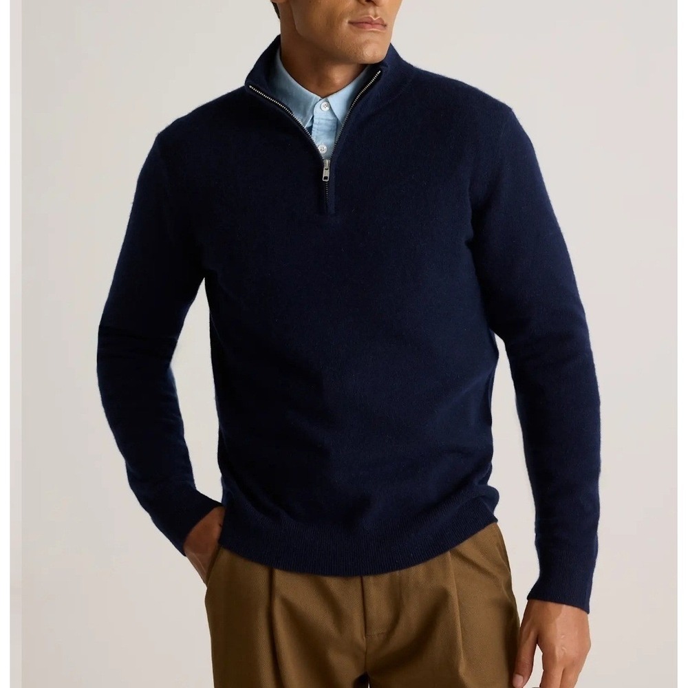 Quince Mens L NWT Cashmere Navy Quarter Zip Quiet Luxury Preppy Neutral Minimal